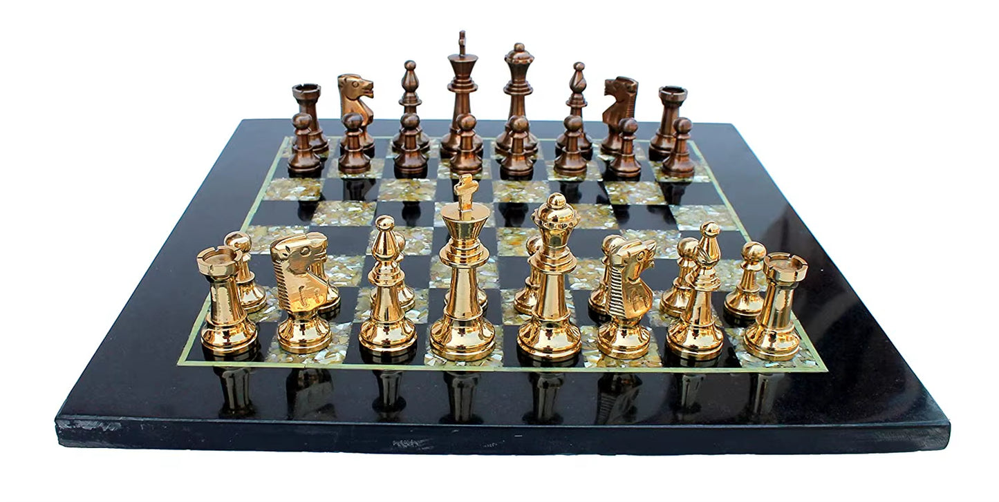 Chess Game Board Set - Made with Black Marble, Mother of Pearl & Brass Pieces (15" X 15")