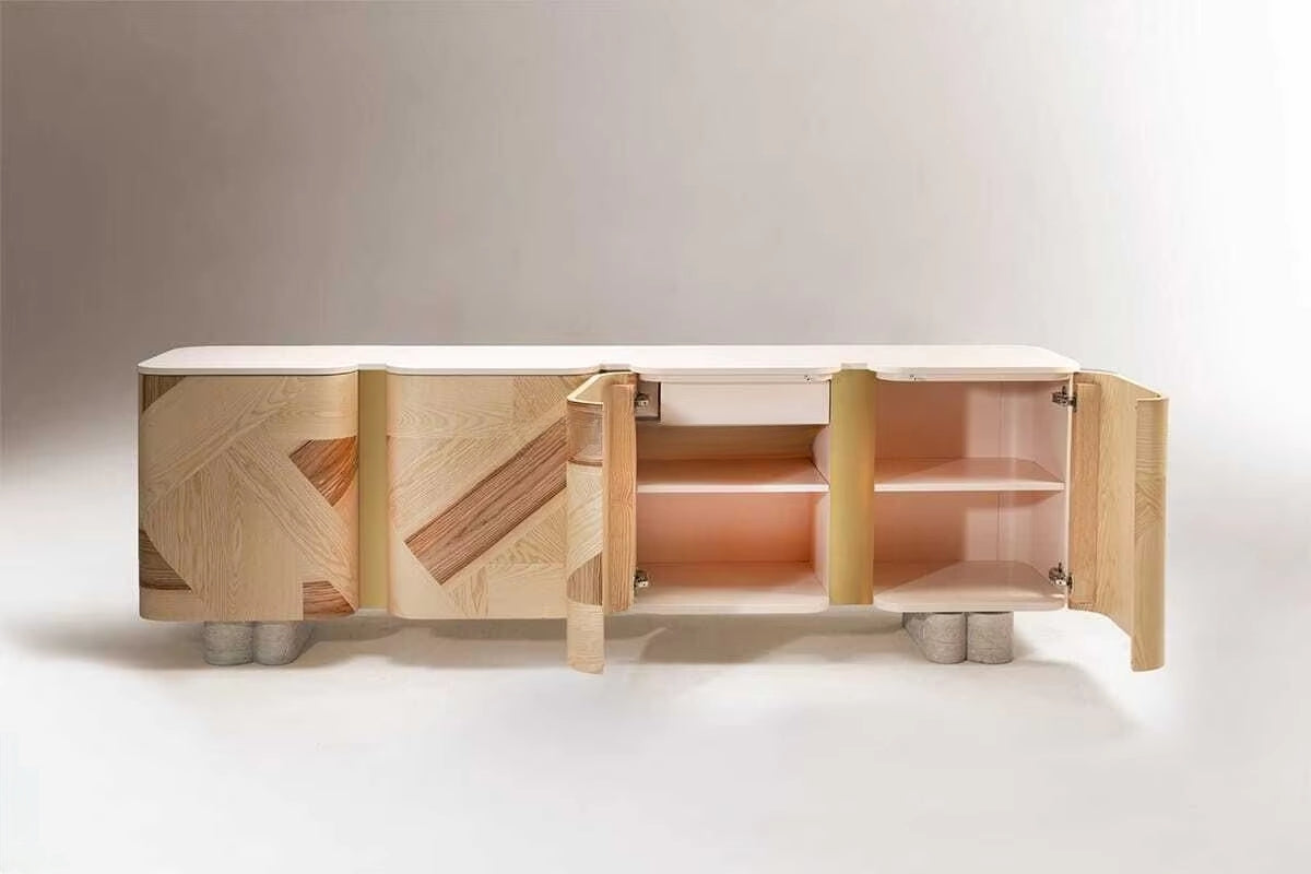 Italian Modern Solid Wood Console Cabinet – Marble Top Designer Sideboard for Living & Dining