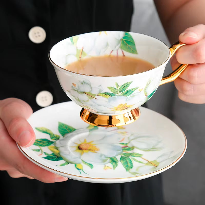 Bone Porcelain Coffee Set Coffee Cup Dish Spoon New Chinese Flower Tea Set