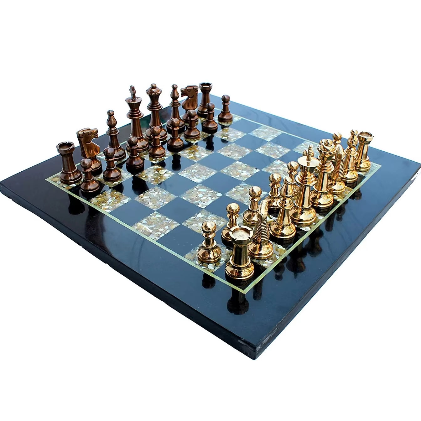 Chess Game Board Set - Made with Black Marble, Mother of Pearl & Brass Pieces (15" X 15")