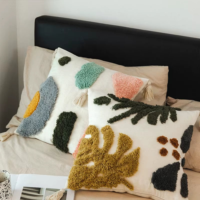 Boho Modern Europe Decor Designer Throw Pillowcase with Tassel Tufted Embroidery Wave Pillow Cushion Cover