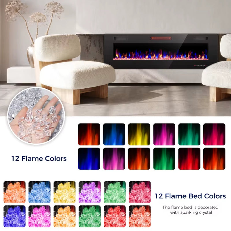 68 Inch LED 3D 5 Flame Brightness Ceramic Space Infrared Wall Recessed Electric Fireplace Heater