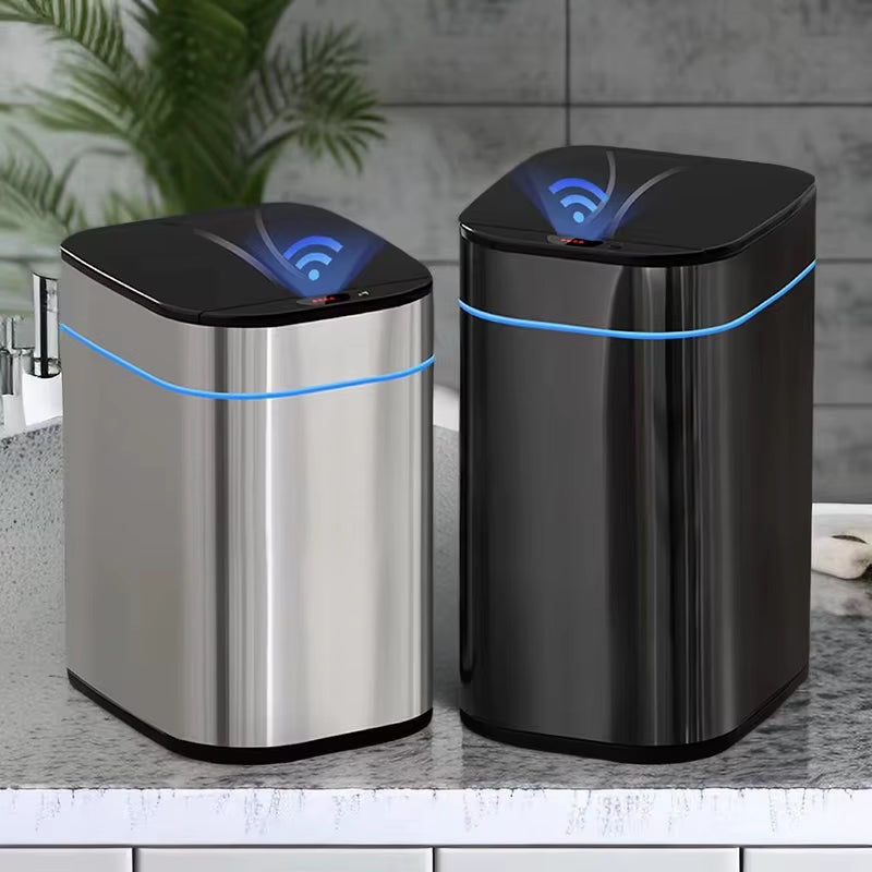 Stainless Steel Trash Can High-Capacity Garbage Bin Automatic Sensor Touch Free Smart Waste Bins for Bathroom Bedroom