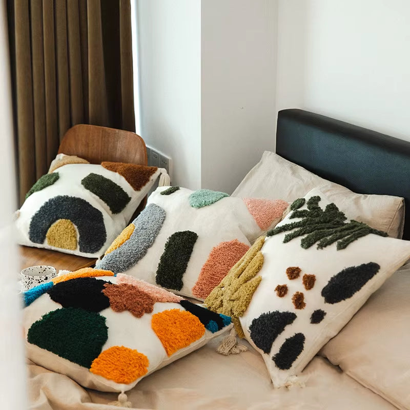 Boho Modern Europe Decor Designer Throw Pillowcase with Tassel Tufted Embroidery Wave Pillow Cushion Cover
