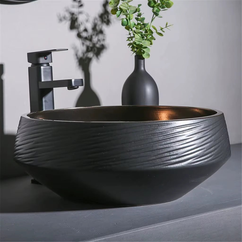 Bathroom Sinks Black above Counter Basin Light Luxury Style Ceramic Washbasin Black Gold Glaze Creative Wash Basin Single B