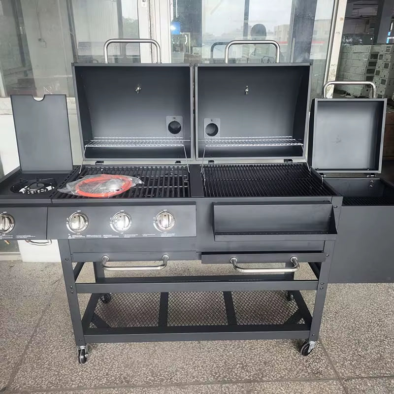 CE 2 in 1 Charcoal and Gas Combo Barbecue BBQ Gas Grills Large Capacity Cooking Area with Thermometer
