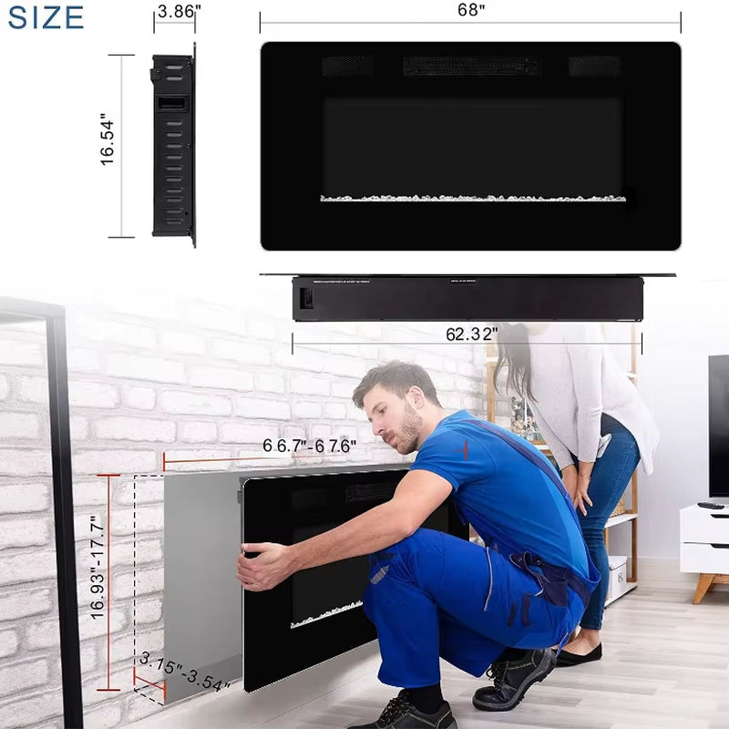 68 Inch LED 3D 5 Flame Brightness Ceramic Space Infrared Wall Recessed Electric Fireplace Heater