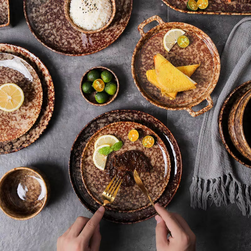 2023 Creative Japanese Style Ceramic Dishes & Plates Bowls Set Vintage Dish Steak Plate for Household Restaurant Porcelain