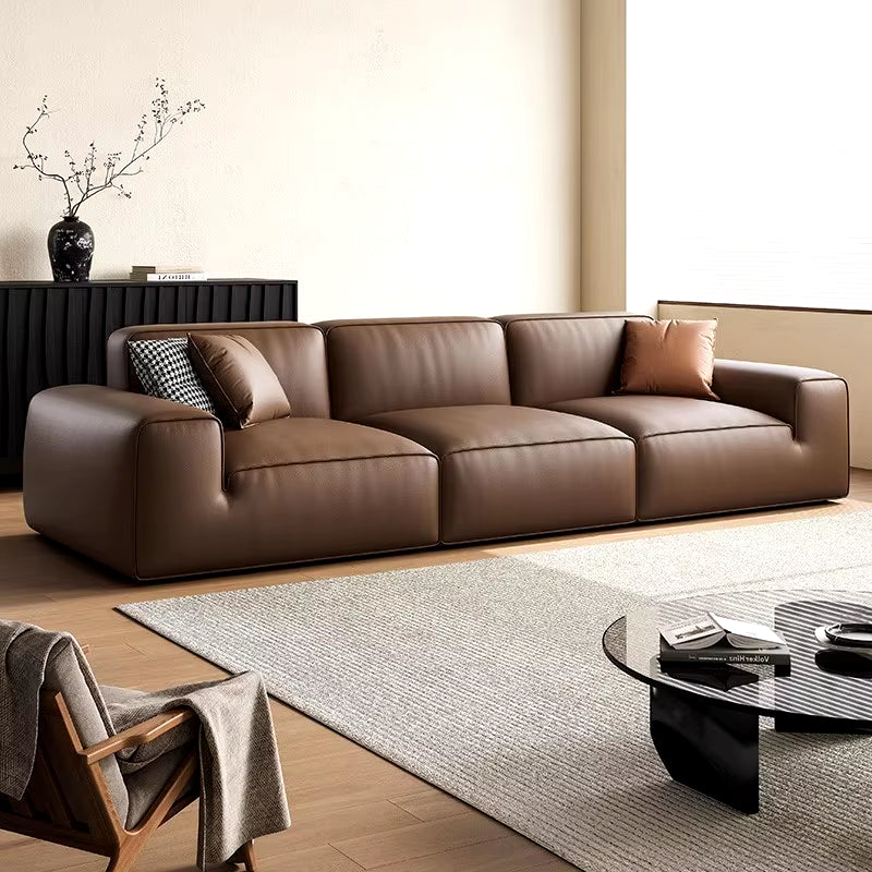 2024 Italian Luxury Leather Sofa Combination Modern Minimalist Black Cow Leather for Living Room Straight New Arrival