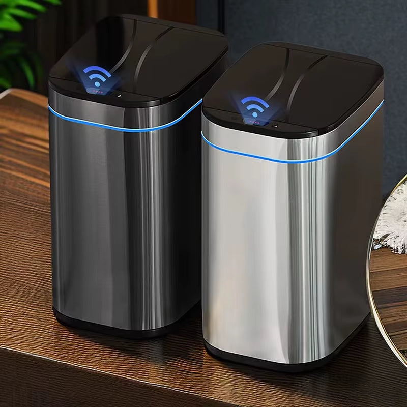 Stainless Steel Trash Can High-Capacity Garbage Bin Automatic Sensor Touch Free Smart Waste Bins for Bathroom Bedroom