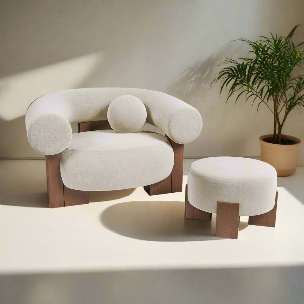 NordicNova | Modern Minimalist Solid Wood Fabric Sofa – Designer Lounge Seating with stool