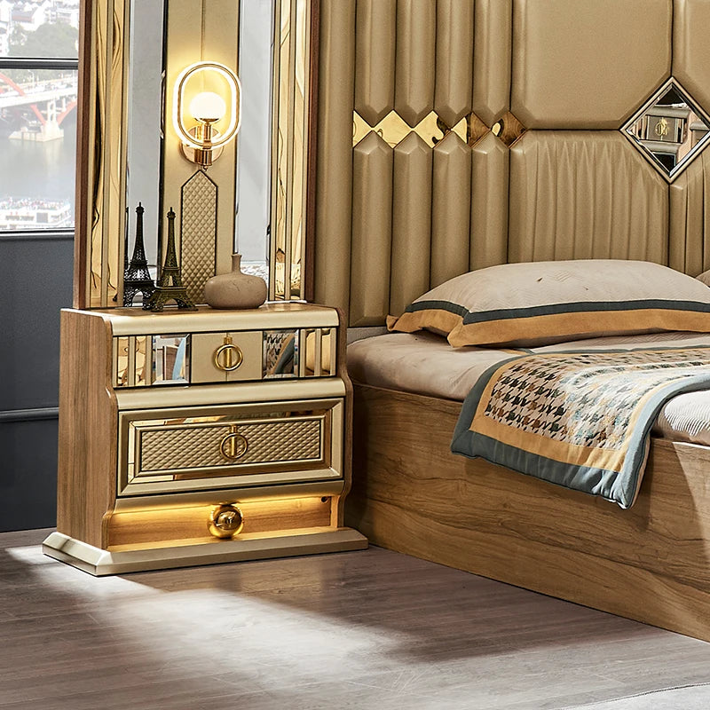 Golden Luxe | Modern King Size Bedroom Set with Leather Headboard & Full Wooden Frame