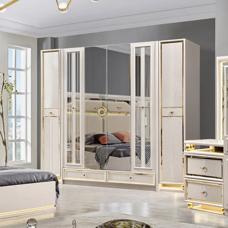 Royal Haven | Contemporary King & Queen Size Wooden Leather Bed Set with Storage & Lighted Headboard