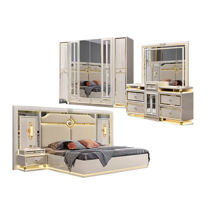 Royal Haven | Contemporary King & Queen Size Wooden Leather Bed Set with Storage & Lighted Headboard