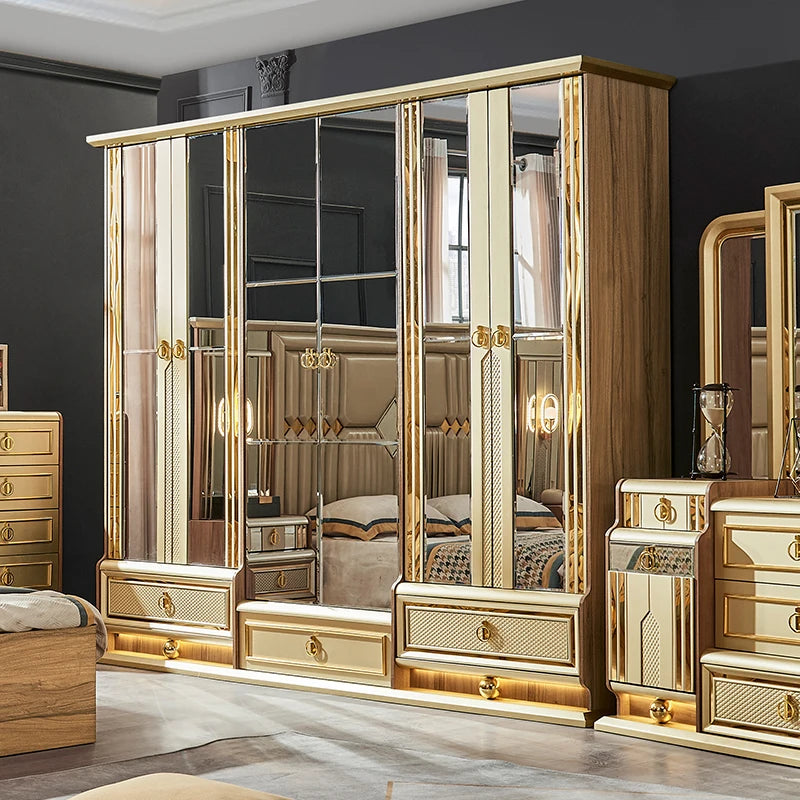 Golden Luxe | Modern King Size Bedroom Set with Leather Headboard & Full Wooden Frame