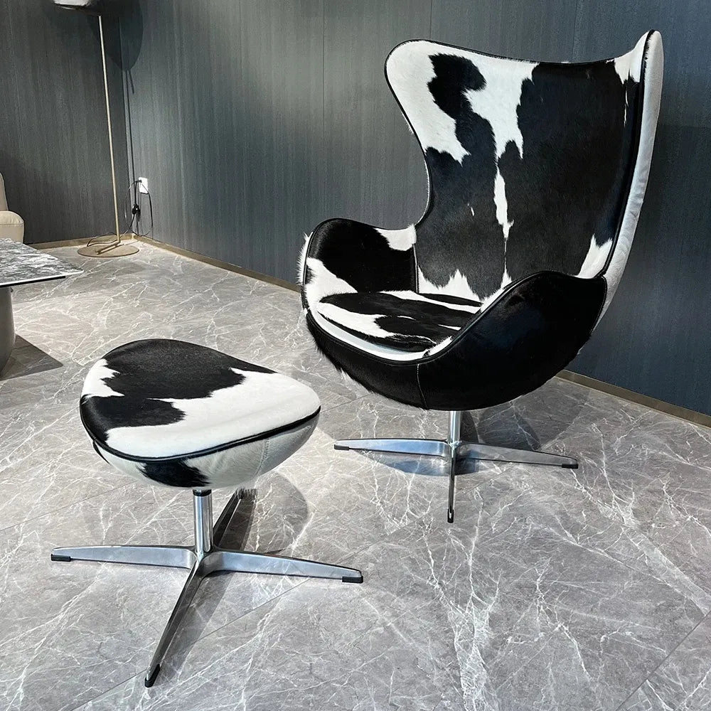 Swivel Cowhide Leather Aviation Lounge Chair – Retro Egg Chair with Footstool