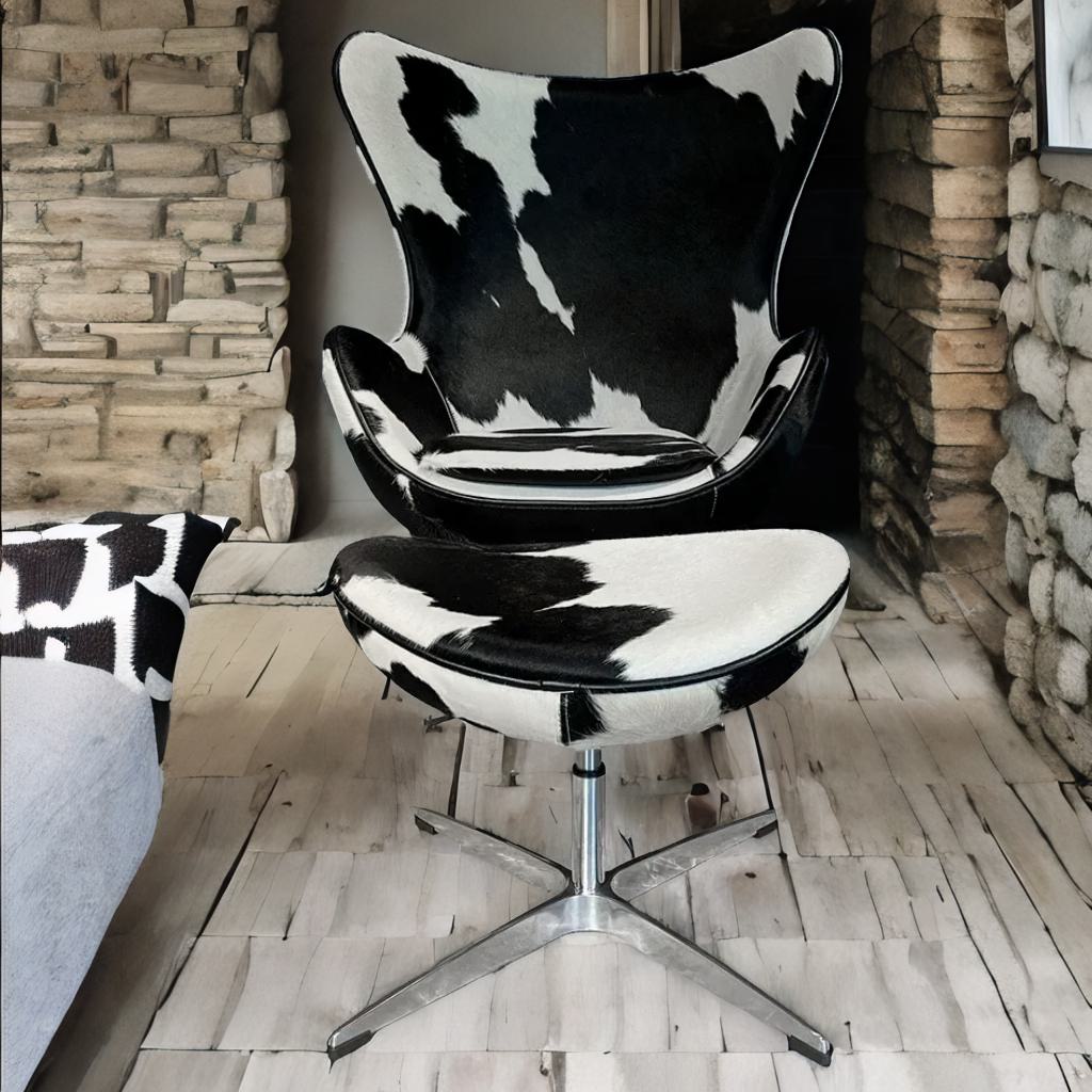 Swivel Cowhide Leather Aviation Lounge Chair – Retro Egg Chair with Footstool