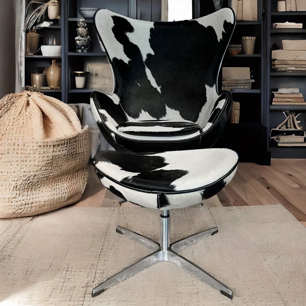 Swivel Cowhide Leather Aviation Lounge Chair – Retro Egg Chair with Footstool