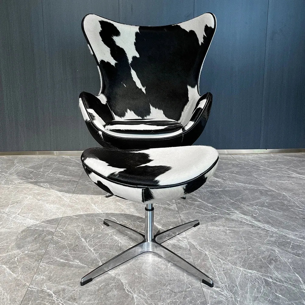 Swivel Cowhide Leather Aviation Lounge Chair – Retro Egg Chair with Footstool