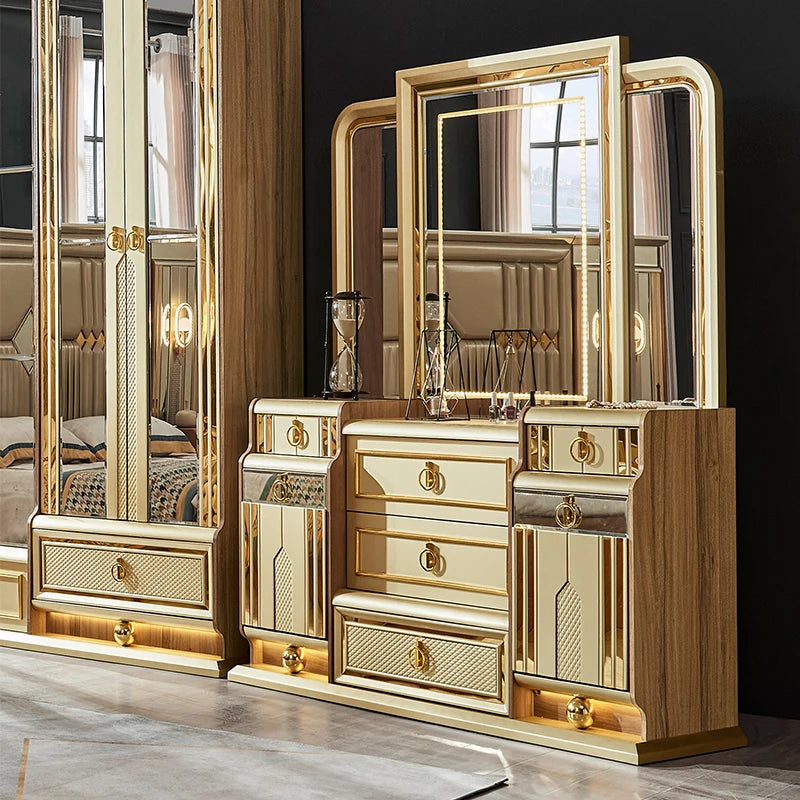 Golden Luxe | Modern King Size Bedroom Set with Leather Headboard & Full Wooden Frame