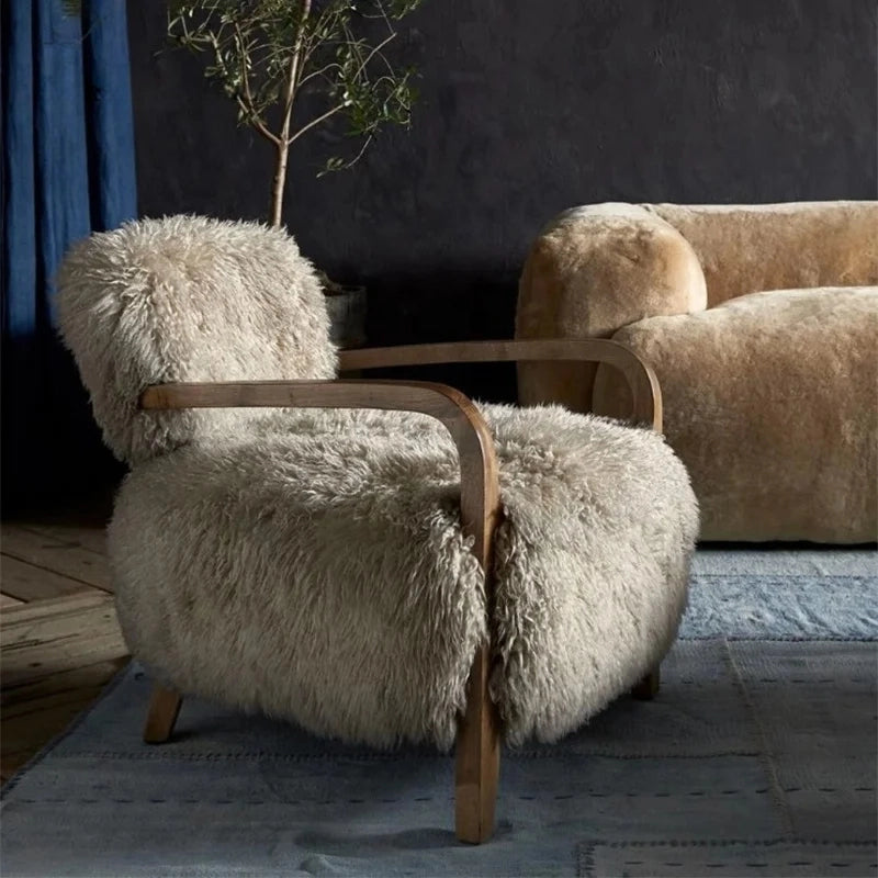 CloudHaven | Luxury Sheepskin Accent Chair – Solid Wood Lounge Armchair for Elegant Living"
