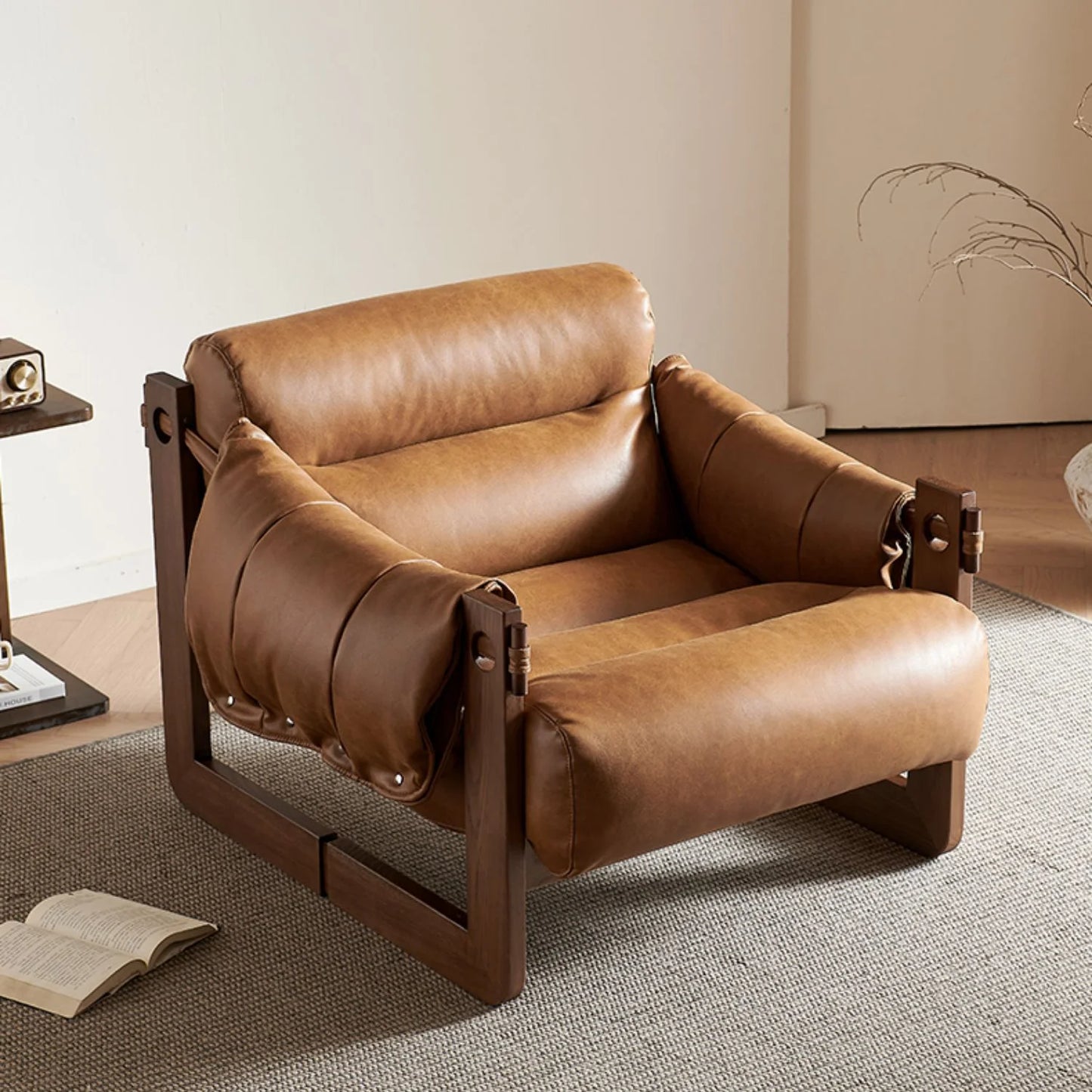 Nordic Grace Tan | Modern Fabric Lounge Dining Chair with Solid Wood Elegance