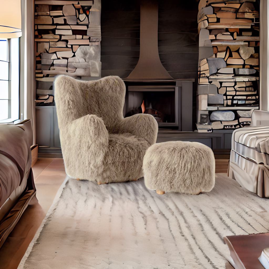 Nordic Luxe | Modern Mongolian Sheepskin Armchair & Ottoman – Ultra-Soft Lounge Comfort"