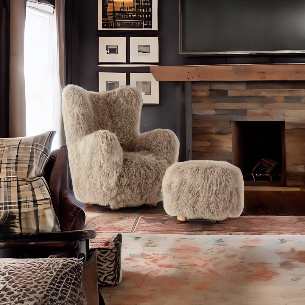 Nordic Luxe | Modern Mongolian Sheepskin Armchair & Ottoman – Ultra-Soft Lounge Comfort"