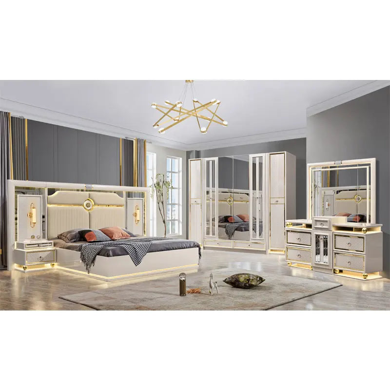 Royal Haven | Contemporary King & Queen Size Wooden Leather Bed Set with Storage & Lighted Headboard