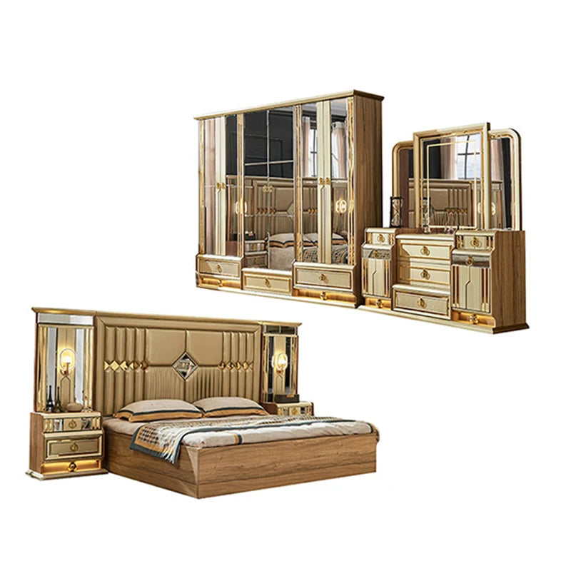 Golden Luxe | Modern King Size Bedroom Set with Leather Headboard & Full Wooden Frame