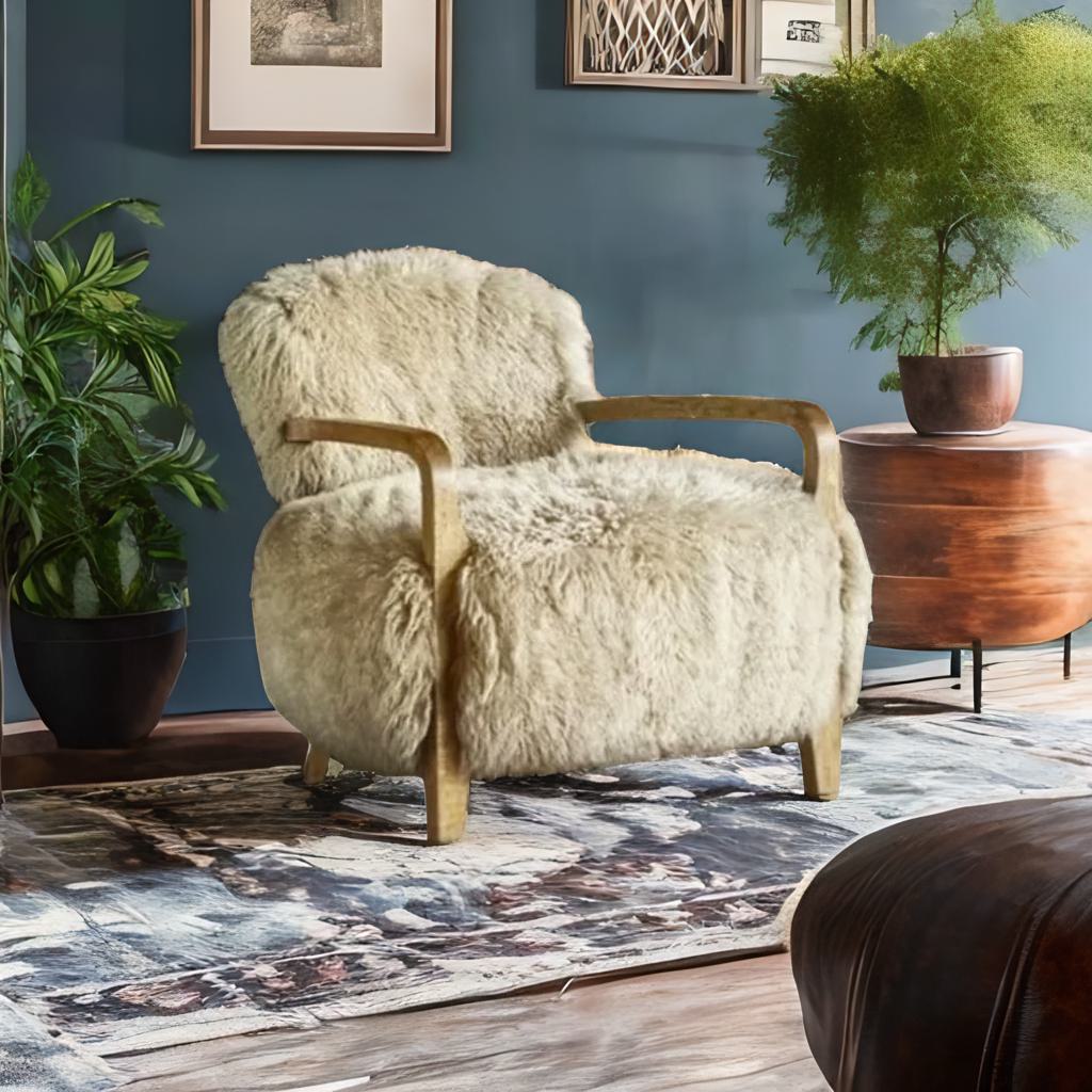 CloudHaven | Luxury Sheepskin Accent Chair – Solid Wood Lounge Armchair for Elegant Living"
