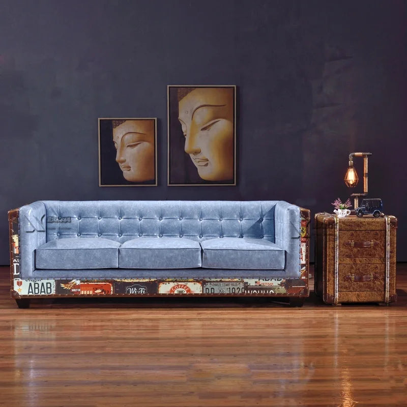 The Heritage Lounge | Vintage Chesterfield Sectional Sofa in Leather & Wood