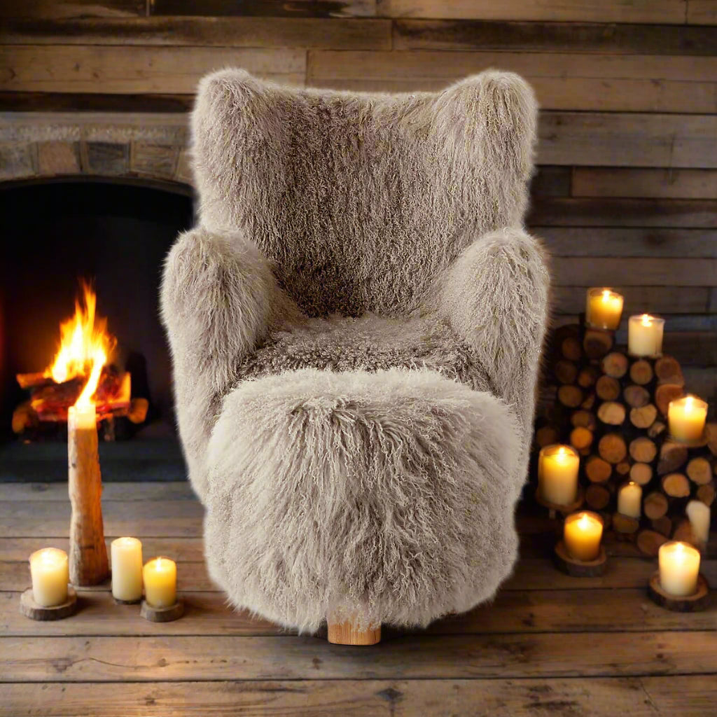 Nordic Luxe | Modern Mongolian Sheepskin Armchair & Ottoman – Ultra-Soft Lounge Comfort"