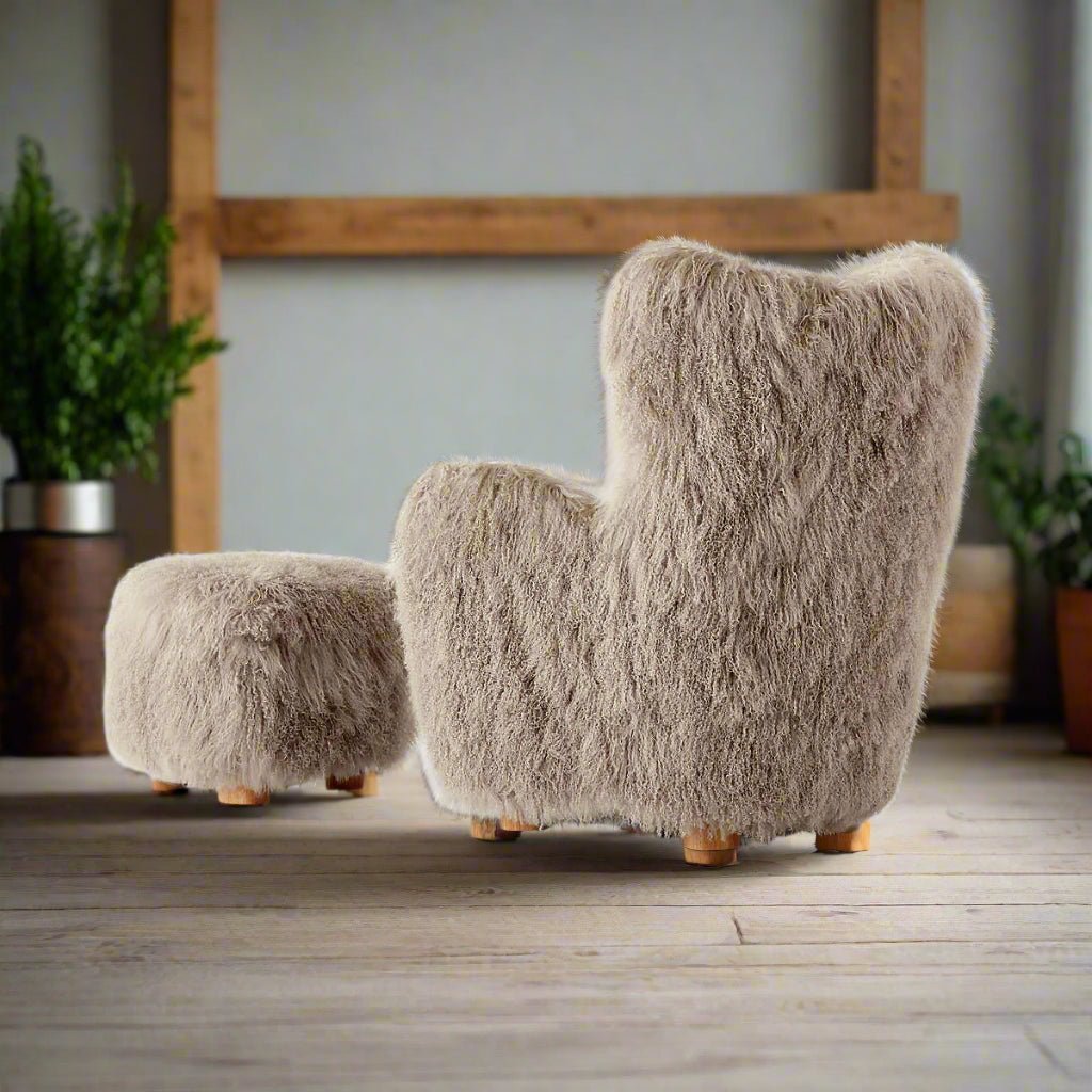 Nordic Luxe | Modern Mongolian Sheepskin Armchair & Ottoman – Ultra-Soft Lounge Comfort"