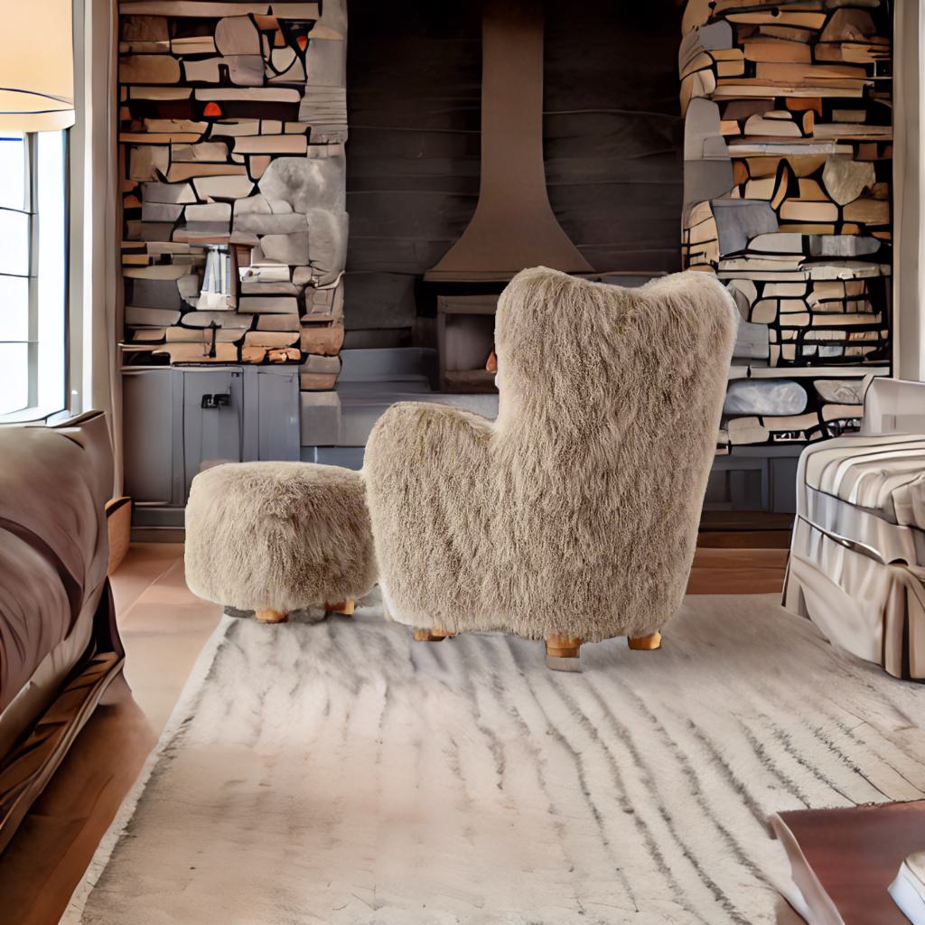 Nordic Luxe | Modern Mongolian Sheepskin Armchair & Ottoman – Ultra-Soft Lounge Comfort"