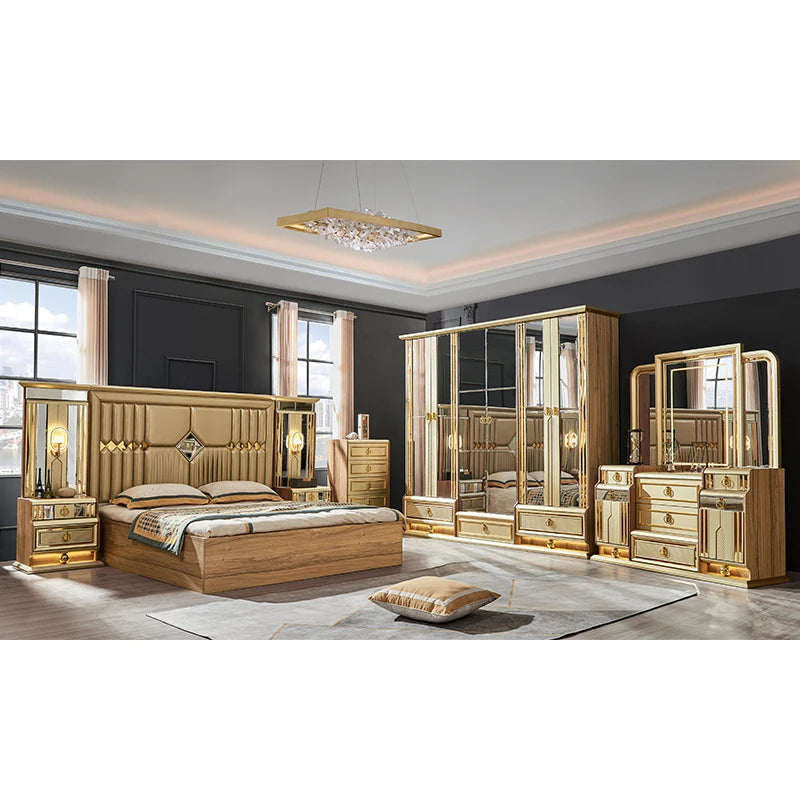 Golden Luxe | Modern King Size Bedroom Set with Leather Headboard & Full Wooden Frame