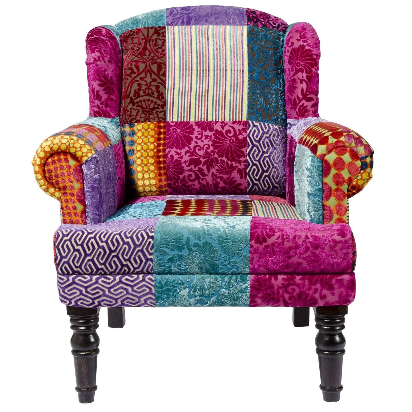 The Maharaja Armchair | Patchwork Velvet Throne with Carved Wooden Legs