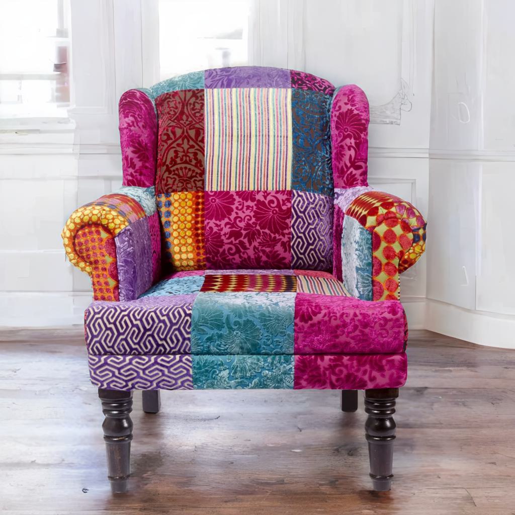 The Maharaja Armchair | Patchwork Velvet Throne with Carved Wooden Legs
