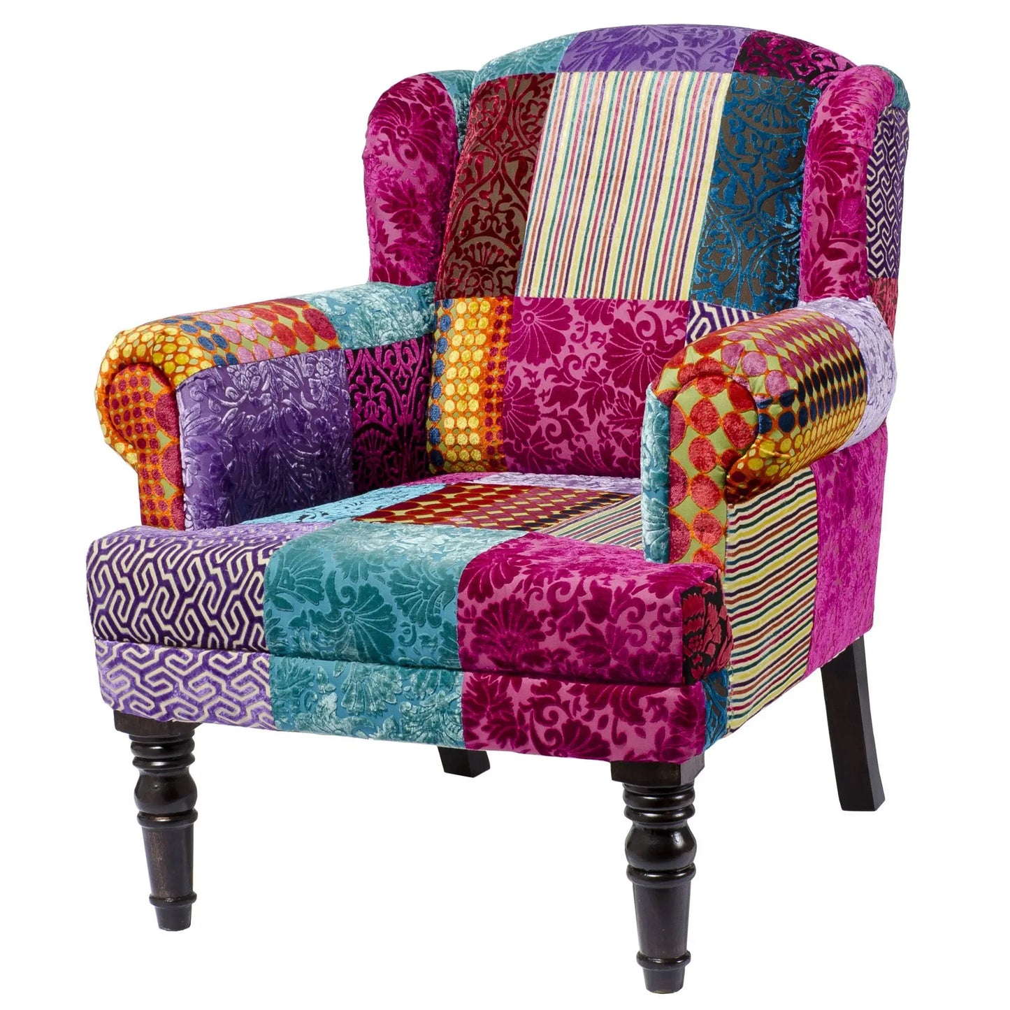 The Maharaja Armchair | Patchwork Velvet Throne with Carved Wooden Legs
