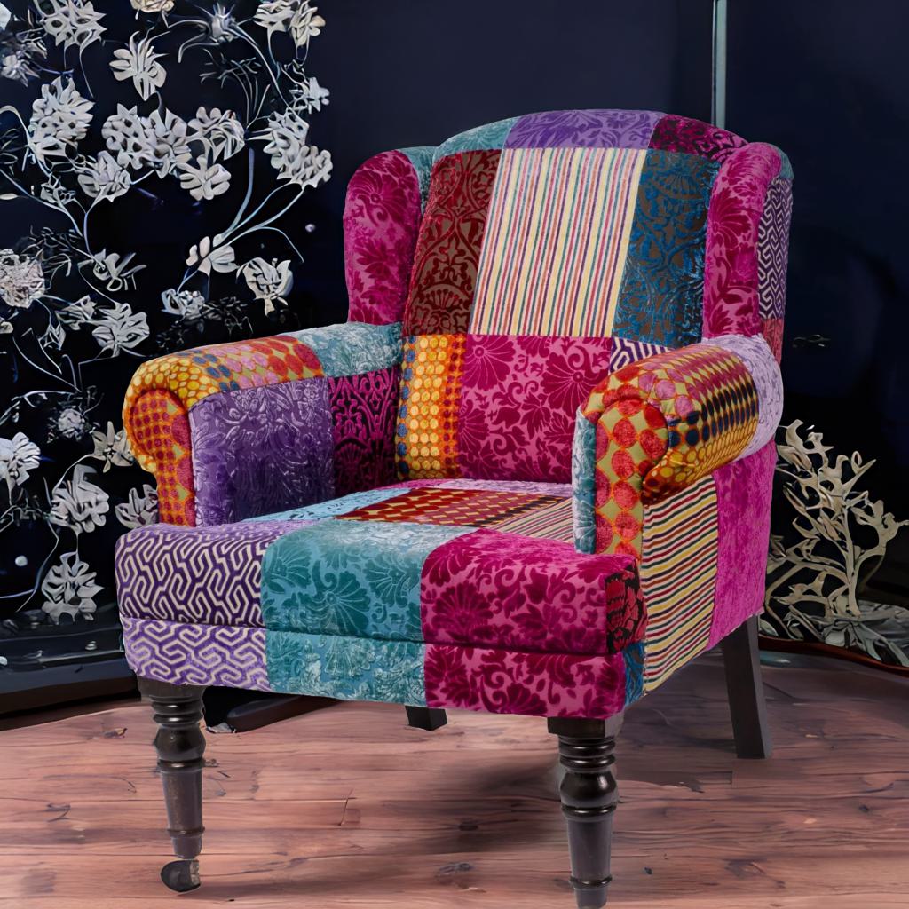 The Maharaja Armchair | Patchwork Velvet Throne with Carved Wooden Legs