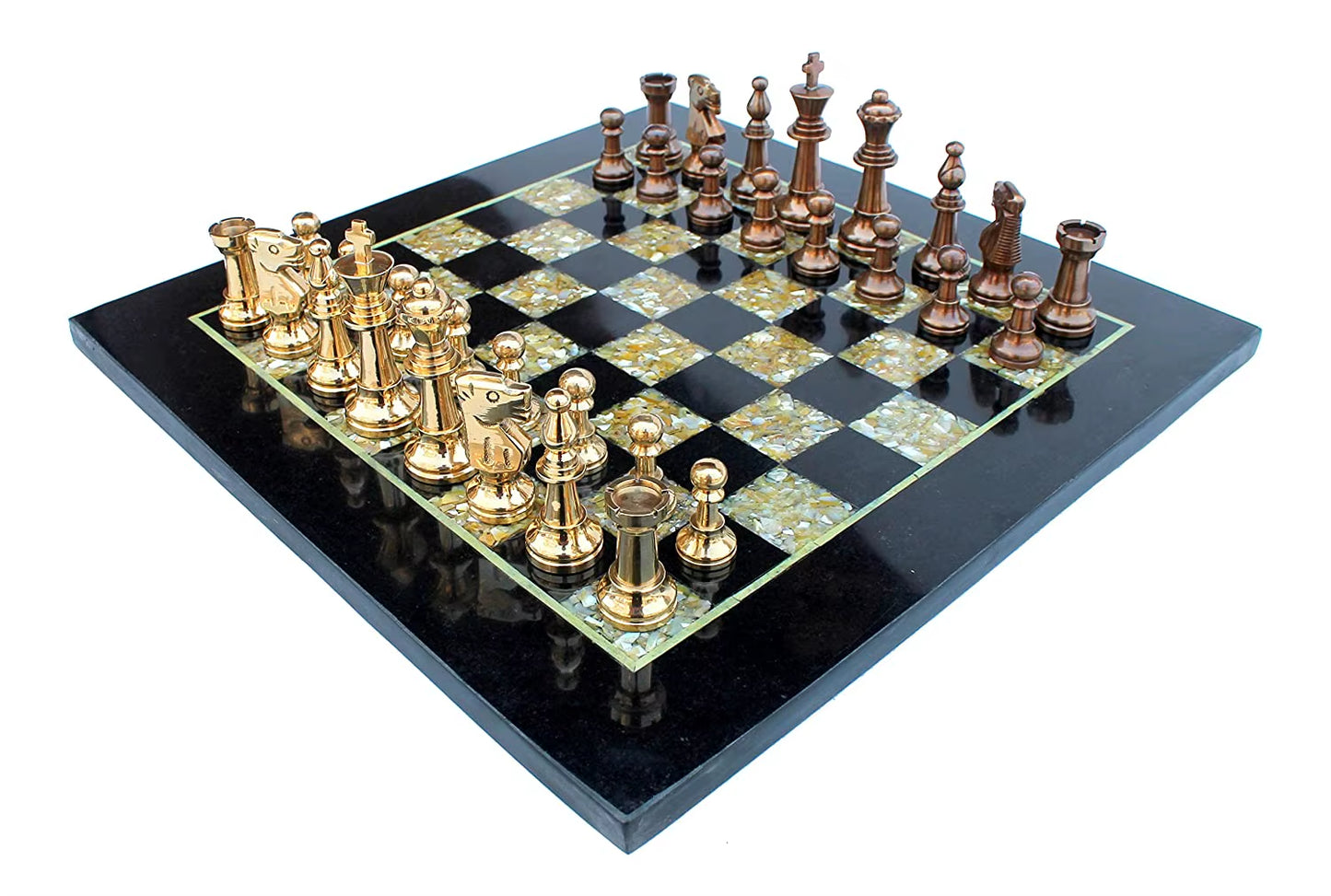 Chess Game Board Set - Made with Black Marble, Mother of Pearl & Brass Pieces (15" X 15")