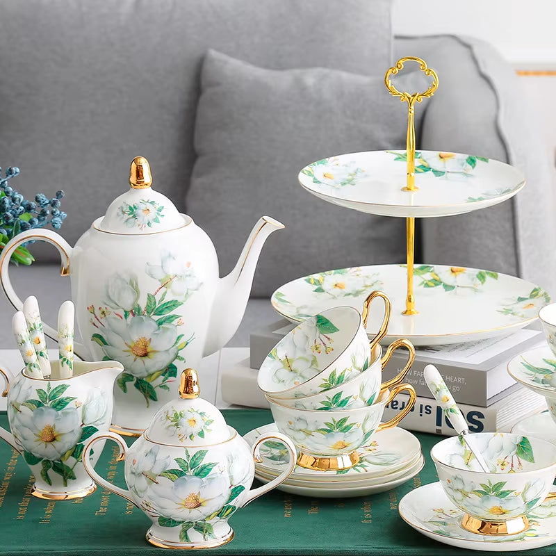Bone Porcelain Coffee Set Coffee Cup Dish Spoon New Chinese Flower Tea Set