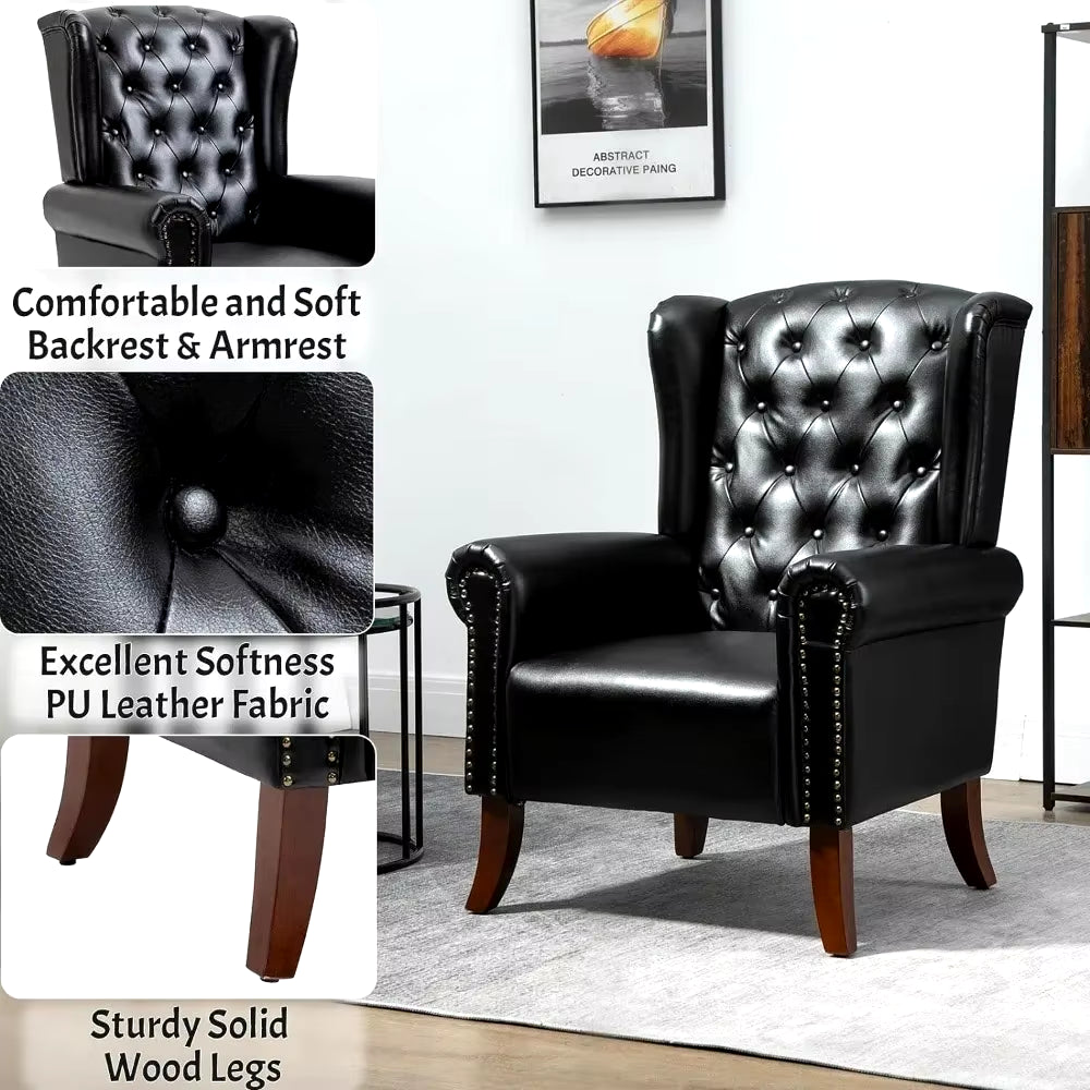 Contemporary PU Leather Accent Chair with Tufted Wingback Design for Living Room