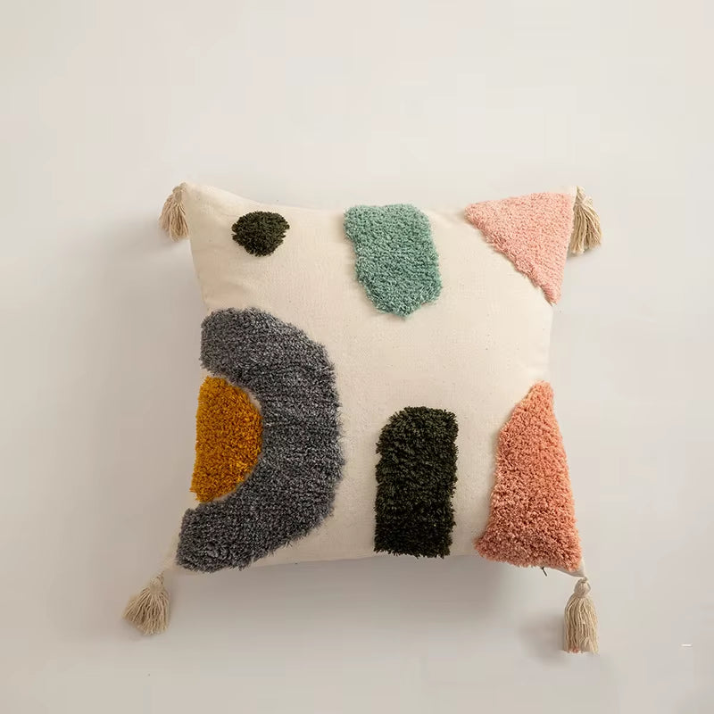 Boho Modern Europe Decor Designer Throw Pillowcase with Tassel Tufted Embroidery Wave Pillow Cushion Cover