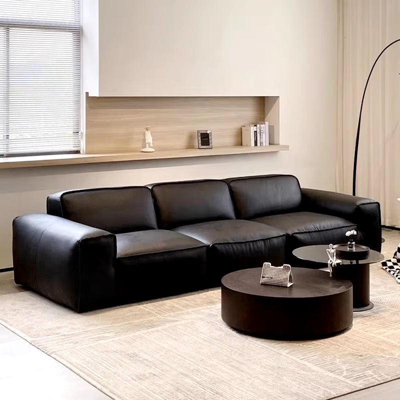 2024 Italian Luxury Leather Sofa Combination Modern Minimalist Black Cow Leather for Living Room Straight New Arrival