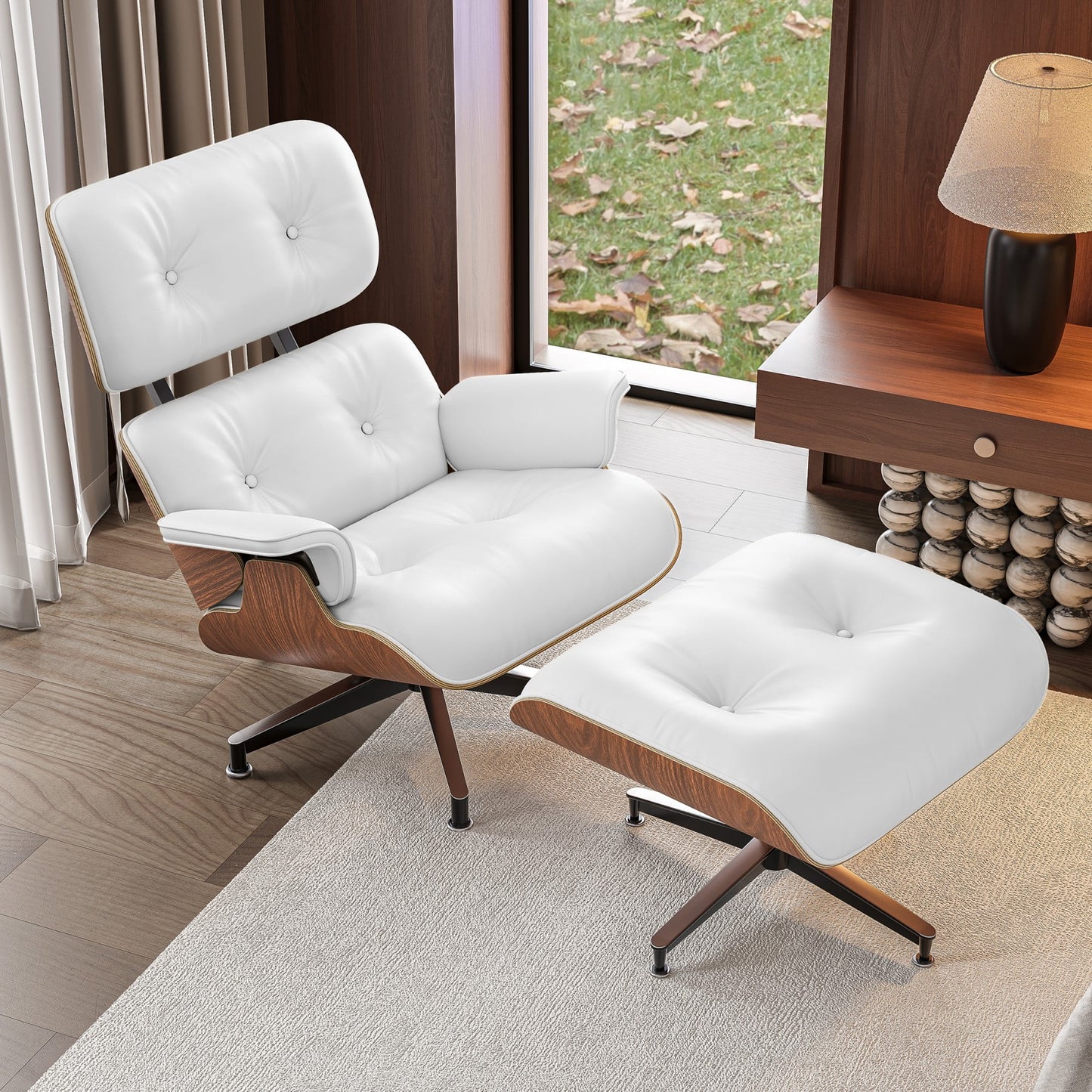 Mid Century Lounge Chair,Top Grain Leather Sofa for Living Room, Indoor Modern Lounge Chair and Ottoman Set, Chaise Lounge for Office, Study