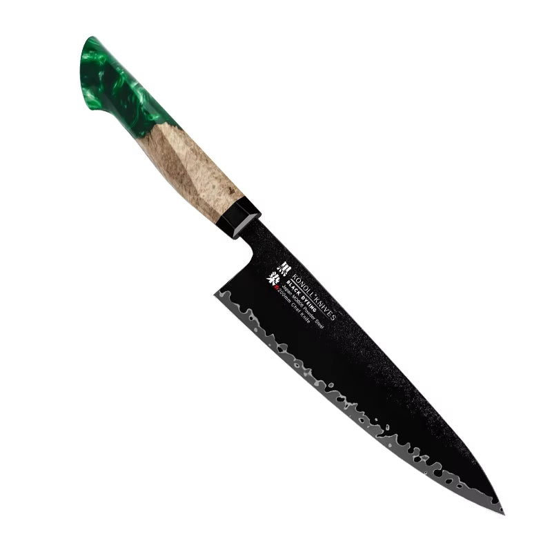 200MM Black Dyeing Chef Knife 3 Layers Composited Steel Japanese MD606 Powder Steel Stabilization Wood Resin Handle Chef Knife