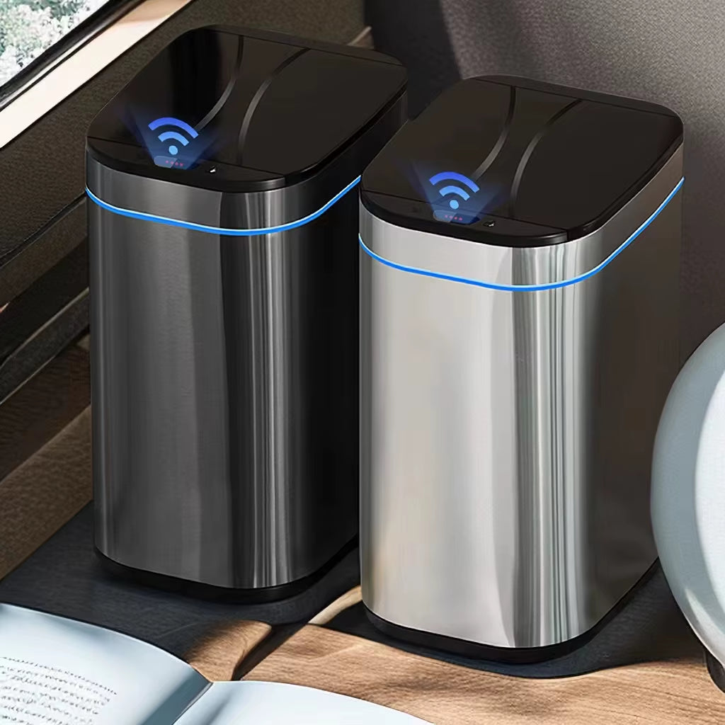 Stainless Steel Trash Can High-Capacity Garbage Bin Automatic Sensor Touch Free Smart Waste Bins for Bathroom Bedroom