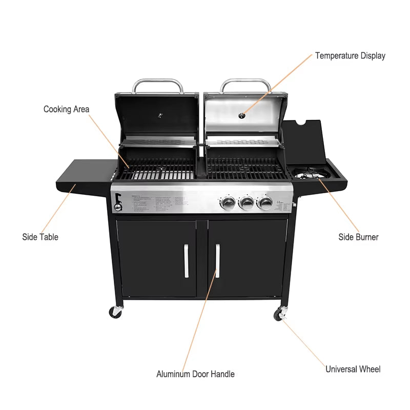 CE 2 in 1 Charcoal and Gas Combo Barbecue BBQ Gas Grills Large Capacity Cooking Area with Thermometer