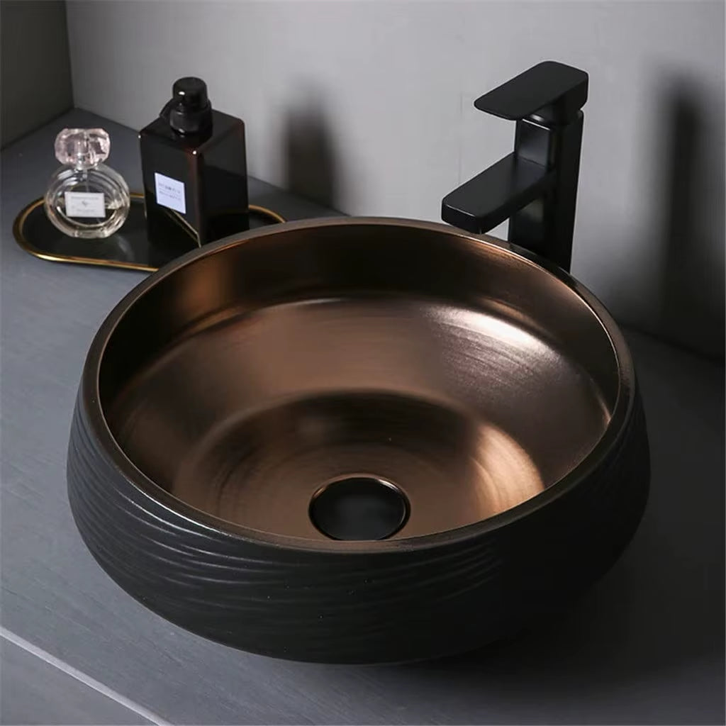 Bathroom Sinks Black above Counter Basin Light Luxury Style Ceramic Washbasin Black Gold Glaze Creative Wash Basin Single B
